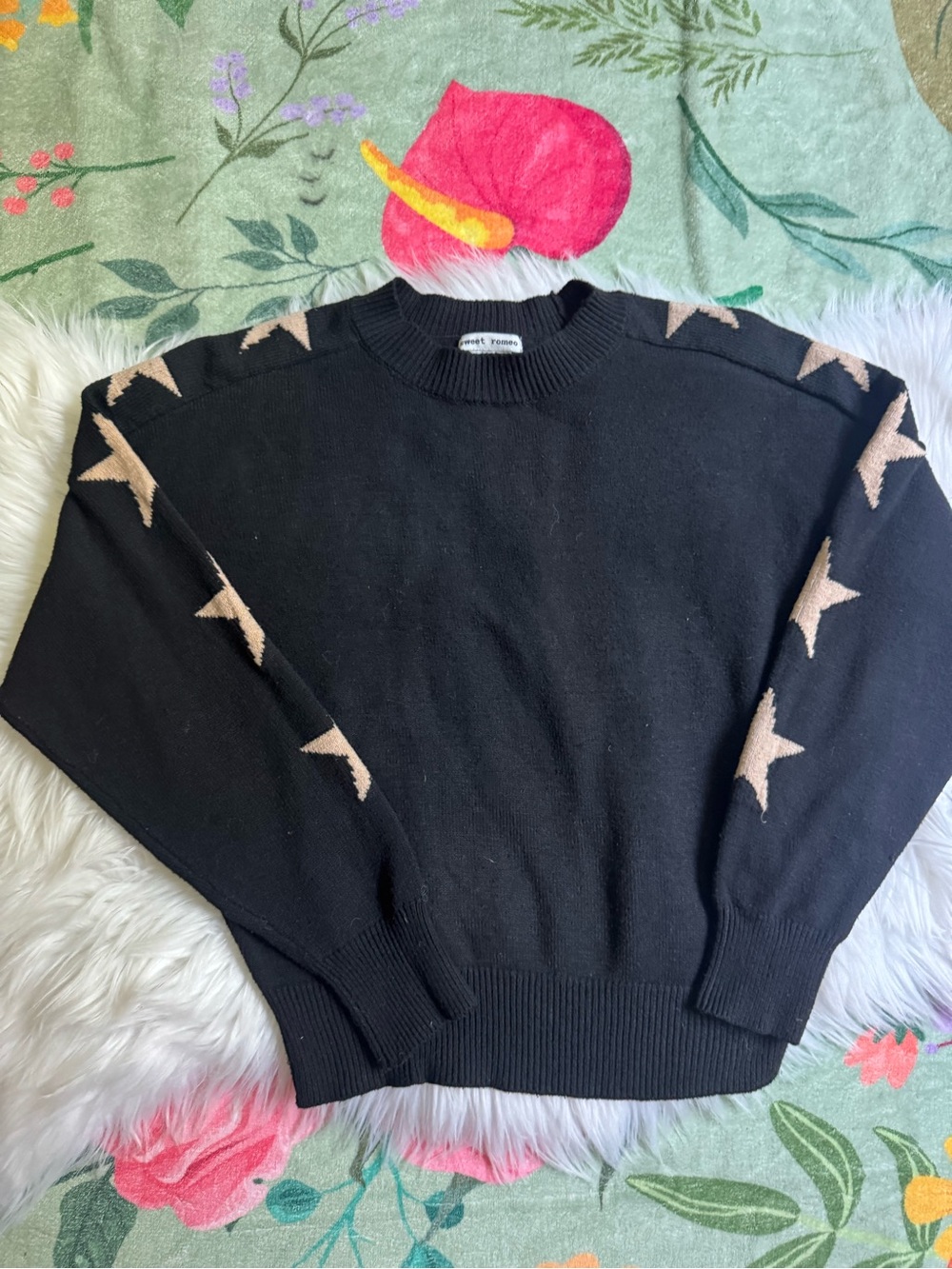 Sweet Romeo Black Crewneck Sweater with Tan Star Accents